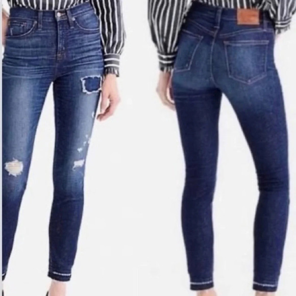 J. Crew Lookout High Rise Skinny Patch Distressed Hem Denim Jeans 25 - Picture 1 of 16